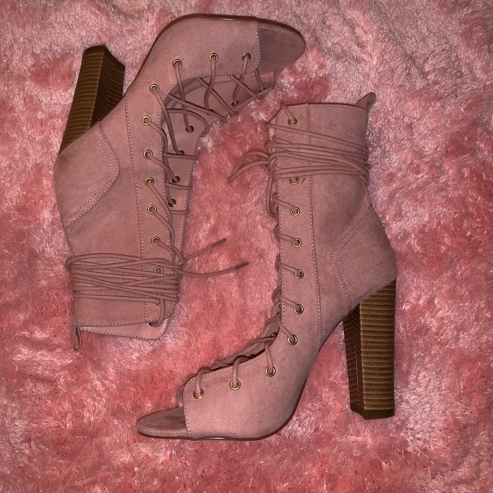 Pink Lace Up Ankle Booties